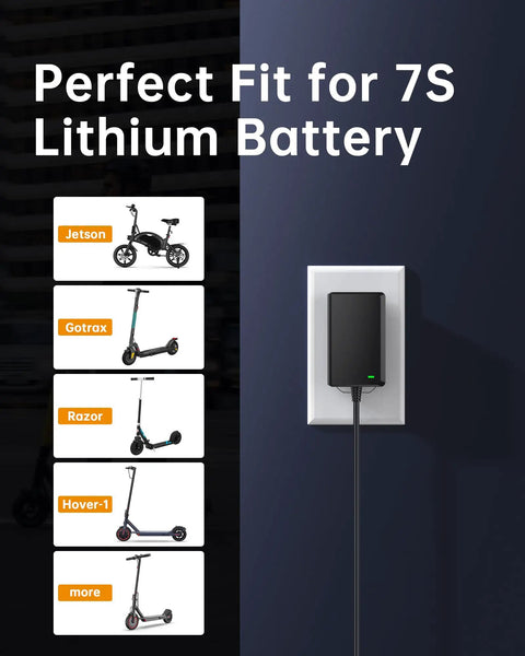 29.4V Lithium Battery Charger For 24V 25.2V 25.6V 25.9V Scooters And Balance Bikes With LED Indicator Not For 36V 42V Systems Turbo Fast Charge 1.5A DC5525 Or 3 Pin Aviation Plug