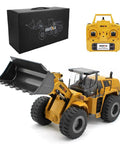 1/14 Scale RC Wheel Loader Remote Control Toy Truck with yellow body, black shovel, 2.4GHz controller, and packaging box.