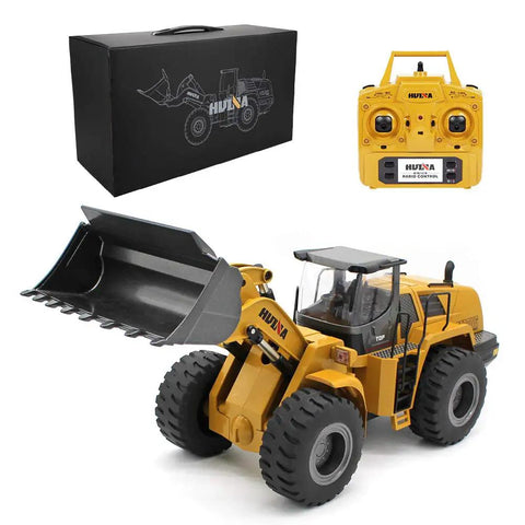 1/14 Scale RC Wheel Loader Remote Control Toy Truck with yellow body, black shovel, 2.4GHz controller, and packaging box.