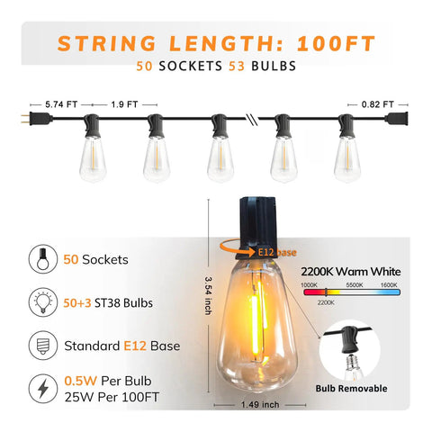 Diagram of 100Ft Outdoor LED String Lights Dimmable Patio Lights With Shatterproof ST38 Vintage Bulbs 2200K Warm White IP44 Waterproof
