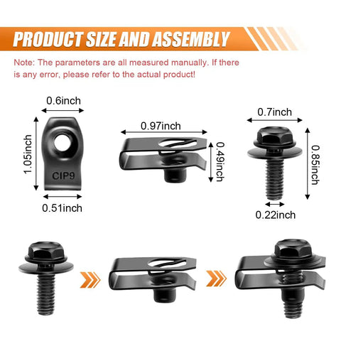 Badass Garage Ready Heavy Duty Auto Bumper Fender Liner Push Clip U Nut Bolt Fastener Rivet Repair Kit 35 Piece Engine Splash Shield Guard Hardware Set size and assembly details with measurements.