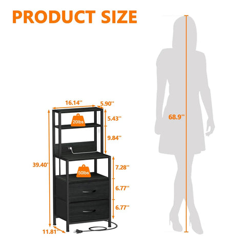 Solid Tall Nightstand With Four Open Shelves And Two Fabric Drawers Ultimate Bedside Station, dimensions displayed with cable.