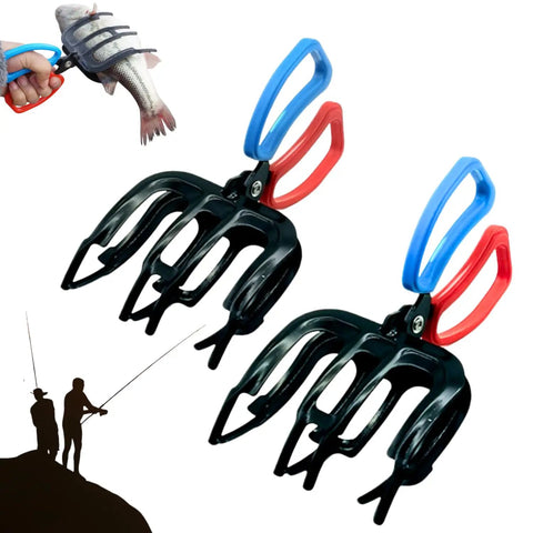3 Claw Fish Gripper With Metal Pliers No Finger Pricks Secure Catch Control Clamp Hook Remover Tool Fishing Accessories displayed with fishing silhouettes and fish grip.