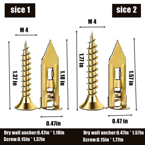 Bulk Self Drilling Drywall Anchors With Screws Kit 500 Pieces Holds Up To 66 Lbs For Picture Frames Shelves Lamps Clocks And More No Drill Needed 0.47x1.57 Inch Size Fits Three Eighths Inch One Half Inch Or Five Eighths Inch Gypsum Wallboard Ideal Home, shown with size dimensions and two screw types side by side.