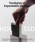 Person inserting SATA SSD into external drive enclosure for 4K Outdoor Wireless Security Camera Kit With Solar Panel, AI Face Recognition