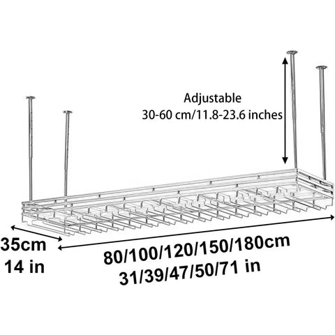 Iron Ceiling Mount Wine Rack Cabinet With Hanging Holder And Floating Bar Shelf, adjustable poles, dimensions 80-180cm by 30cm