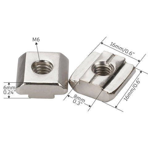 Two rectangular metal T-nuts with measurements, part of the Two Pack Mini Hold Down Clamps Kit For CNC Routers The Go To Choice For DIY Woodworking