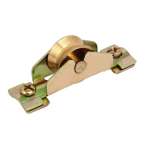Top Shelf Single Roller Sliding Window Sash Pulley Wheel Replacement 2 Pack Heavy Brass Track Rollers close-up of brass pulley wheel.