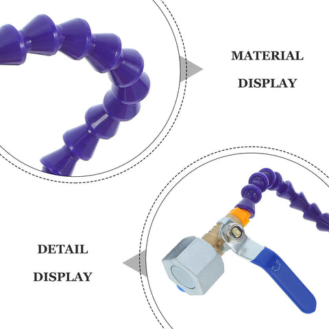 Kickstart Your Shop With This Hella Durable Coolant Hose Featuring A Slick Adjustable Air Nozzle And Rock Solid Magnetic Connector For Precision Machine Tool Cooling Tasks That Hit The Sweet Spot Every Time. Close-up view of flexible purple coolant hose with adjustable nozzle.
