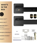 Breezy Setup Smart Keyless Entry Door Lock Slam Down Secure Fingerprint Scanner components with levers, latch, manual, RFID cards.