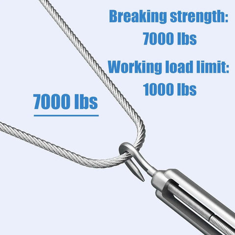 Close-up of the Beefy Five Sixteenth Inch Stainless Steel Zipline Cable 7x19 Braided Wire Rope, showing hook and breaking strength.