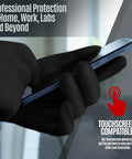 Hand wearing Heavy Duty Industrial Nitrile Work Gloves Eight Mil Thick Rock Solid Diamond Grip textured black using a smartphone.