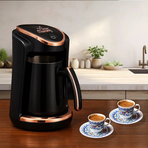 Turkish And Greek Coffee Maker For Home Use 1 To 4 Cup Capacity 400W Electric Pot BPA Free in kitchen setting with cups