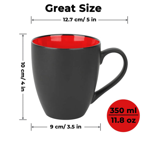 Set Of Six Ceramic Coffee Mugs 12 Oz For Home And Office Modern Matte Black Exterior With Bright Interior Large Cups