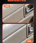 Before and after car door panel cleaned with 10 Pack Foam Wax Applicator Pads For Car Detailing, 4 Inch Red Hand Wax Pads
