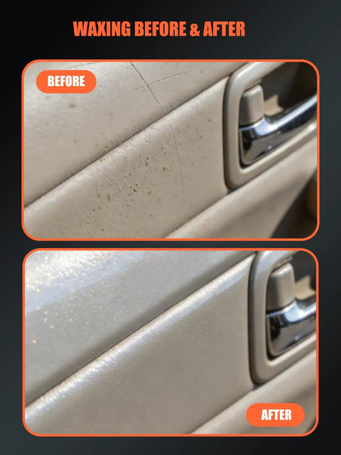 Before and after car door panel cleaned with 10 Pack Foam Wax Applicator Pads For Car Detailing, 4 Inch Red Hand Wax Pads