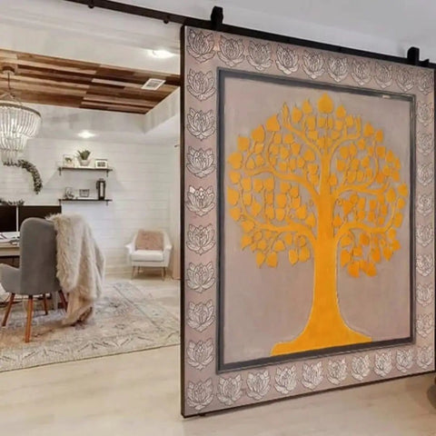 Hand Carved Tree Of Life Door For Exterior Or Interior Use, Pivot Barn Style Door With Large Sliding Or Hinged Panels, Custom Size 71x34 Inches