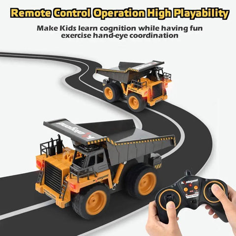 Remote Control Dump Truck For Kids And Toddlers, Realistic RC Construction Vehicle With Rechargeable Battery in action on track