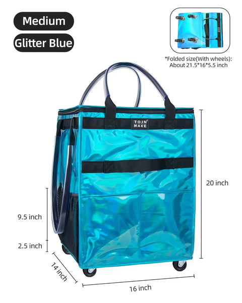 Glitter Blue Rolling Grocery Tote With Wheels And Zipper Covered 8 Pocket Organizer Foldable Durable Tote With Heavy Duty Handles
