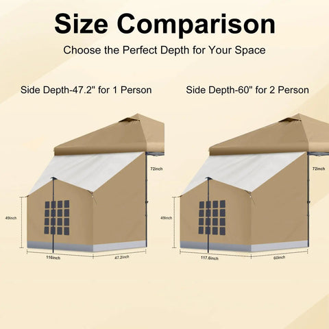 Two Person Canopy Side Tent For 10x10 Or 10x20 Gazebos With Mesh Window Easy Up Cube Tent size comparison for 1 or 2 persons