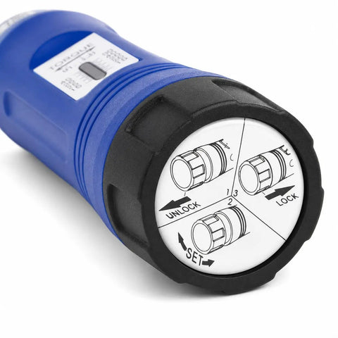 Close-up of torque adjustment dial on 21 Piece Adjustable Torque Screwdriver Set With 1 Quarter Inch Drive Long Reach Shank Inch Pounds Precision Meter Includes Philips Flat Head Hex Bits 10 To 50 In Lb Range Ergonomic Handle And Storage Case.