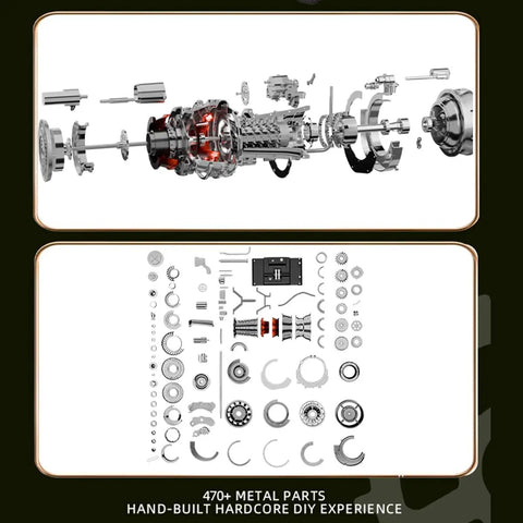 Exploded view and parts layout of T700 Turboshaft Engine Model Kit For Aviation Gearheads, 1/4 Scale Metal Turboshaft Engine Replica.