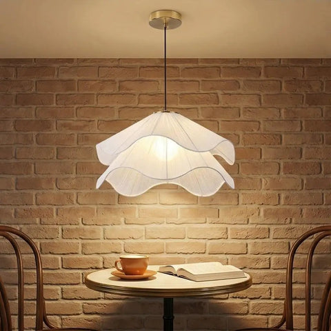 HLRCB Indoor Pendant Light, Fabric Pleated Shade, Modern Suspended Mount illuminating a dining table with layered wavy shade.