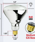 250 Watt R40 Red Infrared Heat Lamp Bulb For Bathroom And Shower Use E26 Base Hot Radiant Heat Incandescent Ideal For Post Shower Warmth And Spa Home 2 Pack shown with dimensions measuring 9.1 inches tall and 5.0 inches wide with medium E26 base.
