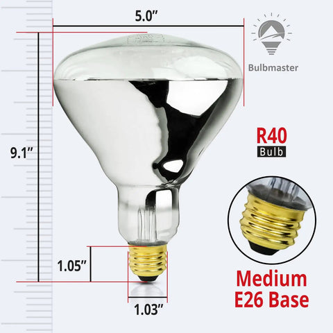250 Watt R40 Red Infrared Heat Lamp Bulb For Bathroom And Shower Use E26 Base Hot Radiant Heat Incandescent Ideal For Post Shower Warmth And Spa Home 2 Pack shown with dimensions measuring 9.1 inches tall and 5.0 inches wide with medium E26 base.