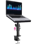 Ergonomic Laptop Desk Mount For Piano Keyboard And DJ Setups, 9x12.5 Inch Adjustable Arm Mount With Laptop Clamped, Side View