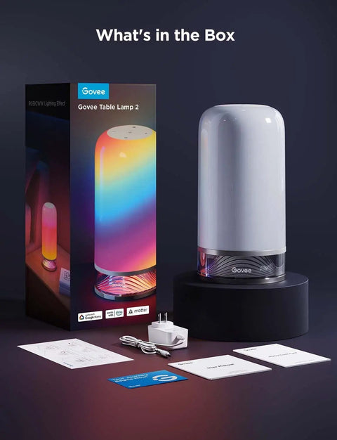 Lit RGBIC Smart Table Lamp 2 with Touch Control, shown with packaging and accessories, 64 Scene Modes, 500lm Brightness.