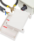Weatherproof Outdoor Electrical Junction Box In Gray Flame Retardant ABS Plastic Industrial Enclosure open with wiring tools