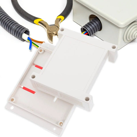Weatherproof Outdoor Electrical Junction Box In Gray Flame Retardant ABS Plastic Industrial Enclosure open with wiring tools