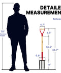 4-Tine Spading Garden Fork With Steel Digging Tines, 45 Inch Length, Y-Grip Wood Handle shown with human height comparison