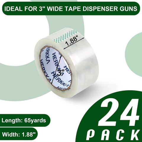 Heavy Duty Clear Packing Tape Bundle For Shipping And Moving, 24 Rolls, Bulk Packaging, 1.88 Inch Wide, 65 Yards Each, shown with measurements