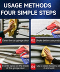Four steps to use Specialist Silicone Lubricant Spray With Dual Straw Sprays for garage doors, shown with images.