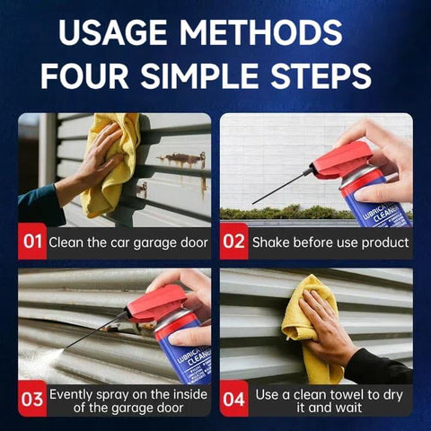 Four steps to use Specialist Silicone Lubricant Spray With Dual Straw Sprays for garage doors, shown with images.