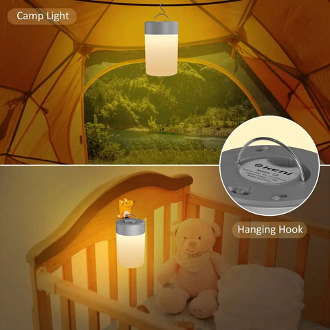 Nursery Night Light For Baby With Dimmable Brightness And Easy Touch Control hung inside a tent and on a crib.