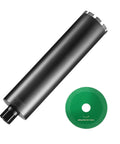 Angled side view of VEVOR 4.25-inch wet diamond core drill bit with 14-inch depth and green diamond blade disc