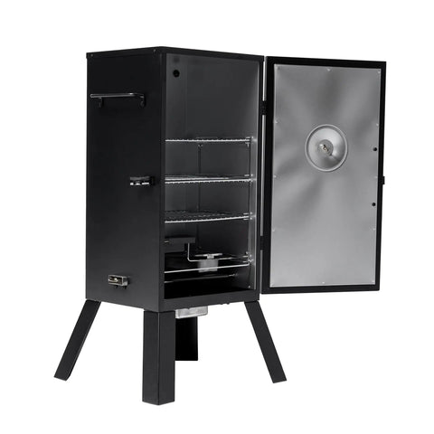 Electric Vertical BBQ Smoker With Analog Temperature Control 30 Inch Black Unit Featuring 535 Sq In Of Cooking Space Open Door View
