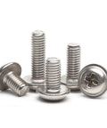 Top Shelf Heavy Duty 304 Stainless Steel Tapping Screws With Phillips Round Head And Cushion Washer Pad Rock Solid Corrosion Resistant Self Threading Fasteners For Tough Wood Or Metal DIY Jobs 100 Piece Set, close-up of screws.