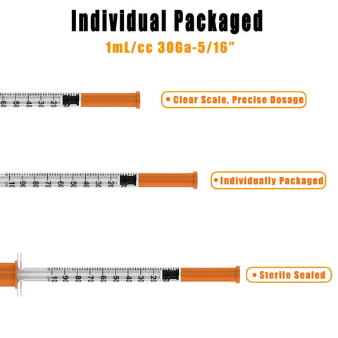 One Milliliter Syringes With Needles 30 Gauge Five Sixteenths Of An Inch 8mm U100 Individually Wrapped Thirty Pack For Lab Research And Medical Use With Clear Readouts And Precise Measurements. 1mL syringe with clear scale and sterile packaging