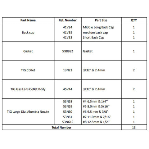 Table listing components of Pro Grade 13 Piece TIG Welding Accessory Kit With Gas Lens, Collet Body, 45V44 Nozzle, and assorted sizes for WP9, WP20, WP25 Torches.