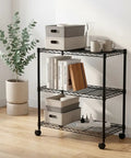 Sturdy 3 Tier Steel Wire Shelving Unit With Easy Roll Wheels And Adjustable Heights Perfect Clutch Pantry Kitchen Or Laundry Storage Rack, featuring black frame and storage bins.
