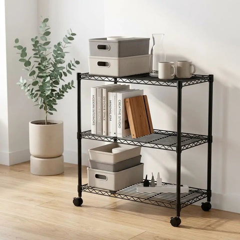 Sturdy 3 Tier Steel Wire Shelving Unit With Easy Roll Wheels And Adjustable Heights Perfect Clutch Pantry Kitchen Or Laundry Storage Rack, featuring black frame and storage bins.