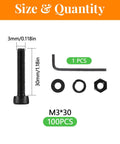 Beefy M3 X 30mm Socket Head Screws Set In Grade 12.9 Alloy Steel, Fully Threaded Machine Screws, Metric Bolts Kit, 100 Pieces