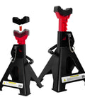 Pair of 6-ton jack stands with red adjustable locking top, 15.6–23.4 inches, heavy-duty black steel with rubber pads