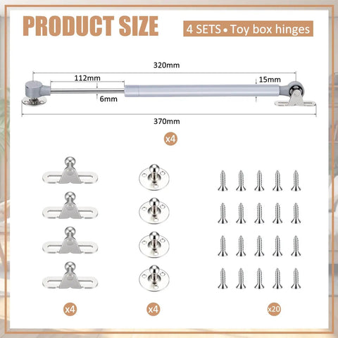 4 Pack 15 Inch Soft Close Toy Box Hinges With 100N Gas Struts, product layout including hinges, mounting plates, and screws