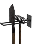 Heavy Duty Steel Wall Mount Tool Organizer For Garage Storage And Garden Tools Shovel Holder Rake And Broom Hooks installed view