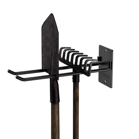 Heavy Duty Steel Wall Mount Tool Organizer For Garage Storage And Garden Tools Shovel Holder Rake And Broom Hooks installed view
